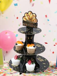 1Set 3 Tiers Black Golden Birthday Cupcake Cake Stand,Happy Birthday Theme Birthday Party Decoration Cake Stand Holder Cardboard Tray,Cupcake Tower Dessert Display Holder, Birthday BabyShower Party Supplies,Birthday Celebration Table Centrepiece DIY Cake Decorating Supplies,Birthday Party Favors