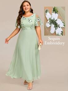 Plus Elegant Round Neck Floral Sequin Embroidery Formal Dresses Sage Green Bridesmaid Dresses Fall Wedding Guest Dresses - Mint Green - View 4