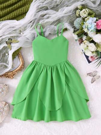 Girls (Small Size) Summer Casual Solid Green Petal Design Dress, New Fashion Elegant Princess Dress, Suitable For Outdoor, Friends Gathering, Birthday Party, Princess Party, Back To School, Stage Performance And Other Events