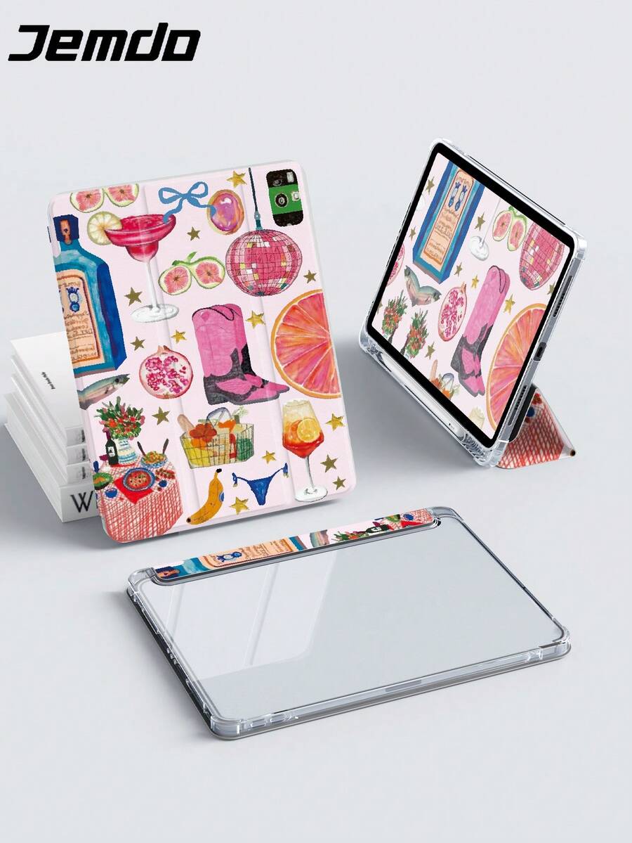 复古夏季食物和饮料拼贴图案平板电脑保护壳，适用于 iPad 10.2 英寸、iPad Pro 2021/2020、iPad 9/10 代、Galaxy Tab A8 10.5 英寸 2022、Matepad 10.4/Tab，防摔，带铅笔槽，支持睡眠/唤醒 - 彩色 - 查看 1