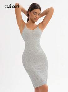 1 pezzo Abito midi da donna con spalline sottili, per primavera/estate, morbido, minimalista, maturo, elegante, con inserti in pizzo, adatto per vacanze