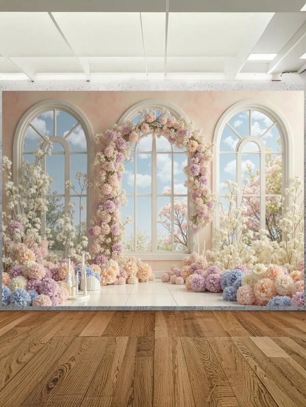 1pc Colorful Windowsill Flowers Arch Photography Backdrops Floral Vaulted Windows Party Banner 59.1*39.4/82.7*59.1/106.3*70.9 Inches Blooming Photo Background Newborn Shower Birthday Wedding Decoration Supplies