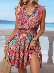 Women's Beach Vacation Bohemian Paisley Pattern Shoulder Drawstring Tied Waist Mini Dress - Hot Pink - View 7