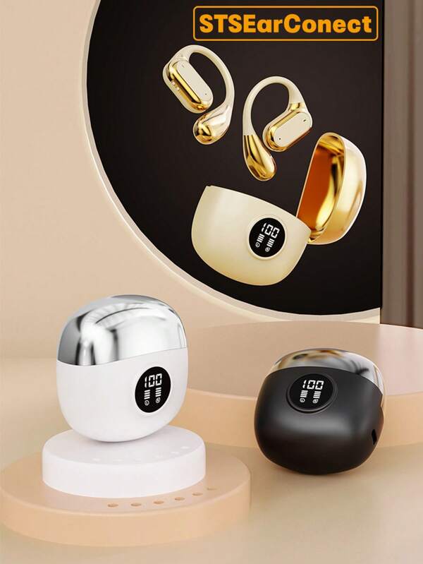 STSEarConect 1 Pc Golden Earhook Design LED Digital Display Wireless Sports Headset, 5.4 Bluetooth Headset, Wireless Operation, With ENC Noise Reduction Microphone, 3D Deep Bass On-Ear Headphones, Sports Earbuds, Business, Music, IPad, Laptop, IOS, Android Users, Gifts For Family, Friends Birthday, Spring, Boyfriend, Girlfriend, Holiday, Smooth Wireless Earbuds With LED Display - Touch Control, Hanging Ear Headphones, Wireless Earbuds Sports Music Games
