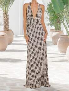 Women Long Dress, Sleeveless Halter Dress Backless Flower/Dots Print Summer Cocktail Dress - Black - View 3