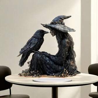 1pc 2D Flat Bohemian Style Mysterious Black Witch And Raven Acrylic Desktop Decor, Suitable For Halloween, Home, Office Or Cafe, Holiday Gift, Holiday Desktop Decoration | Mystical Design | Delicate Craftsmanship - Style Randomly Sent