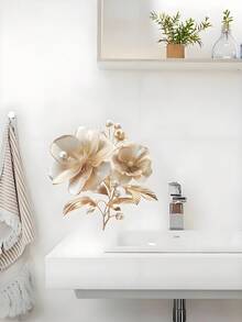 1pc 3D Gold Flower Toilet Lid Sticker, WC Pedestal Pan Cover Decal, Waterproof Mural Art For Bathroom Vinyl Decal, Decorative For Bathroom, Bathroom Decor, Removable Sticker Festival Decoration Rama, Spring Decoration Items Refresh Your Home, Festival Decoration Stickers