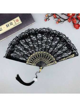 1 Pc Women Black Lace Retro Floral Dance Fashion Folding Fan With Tassels