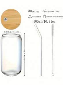 500ml Transparent Glass Coffee Cup With Sealed Bamboo Lid And Straw, Gift School Supplies, Multiple Specifications Back To School