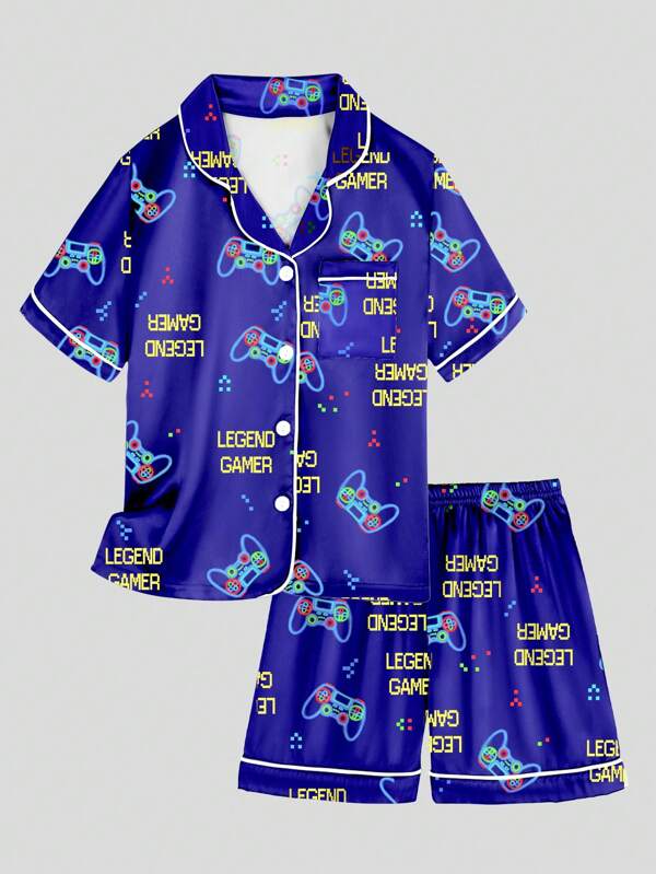 2pcs Tween Boy Video Game Pajama Set, Simple And Fashion