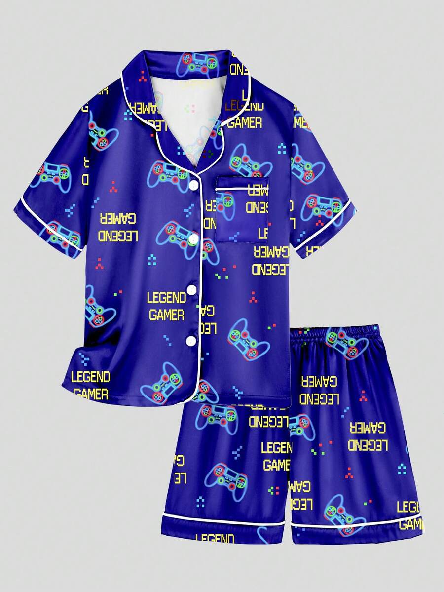 2 件套青少年男孩电子游戏睡衣套装，简约时尚