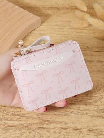 Pink Bow Love Pattern Zipper Small Wallet Coin Pocket Small Purse Bifold Slim Women Wallet MiniThin,Lightweight,Multi Layer Portable,ID Card,Money Credit Card Minimalist,Fashion,Modern,Business,For Anniversary,For Birthday Gift,For Gift,For Girls,For Lady,For Female,Bag School Supplies For School Dorm Room & Back To School