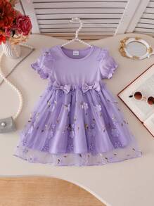 Girls Summer New Mesh Embroidered Floral Trim Short Sleeve Dress