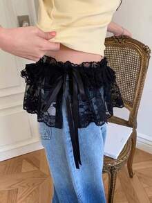 Anágua de renda transparente com cós elástico, acessório para primavera/verão 2025, combina bem com calças jeans, leggings e saia curta tipo avental - Multicolorido - Ver 4