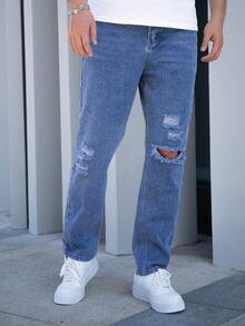 Men's Simple Solid Color Pocket Distressed Straight Leg Jeans - Medium Wash - View 6