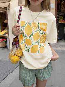 Tween Girls Lemon Print Round Neck T-Shirt, Summer Top - Apricot - View 5