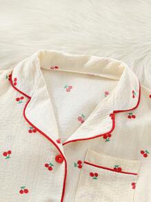 2 piezas Conjunto de ropa de dormir para niña preadolescente: Camiseta de manga corta con estampado de cerezas y pantalón largo, para verano