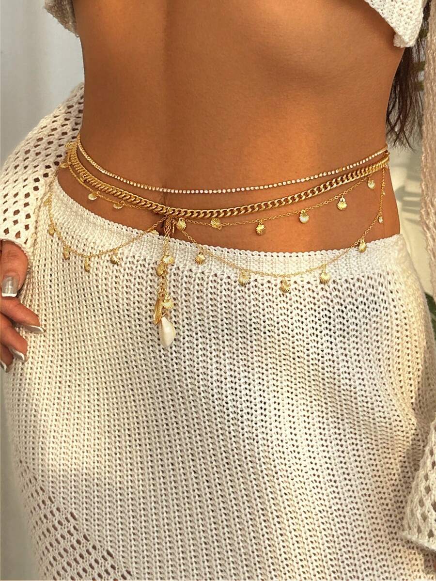 2pcs Multilayer Fashionable Sexy Beach Ocean Resort Style Metal Waist Chain, Shell Tassel Body Jewelry Chain - Shell - View 1