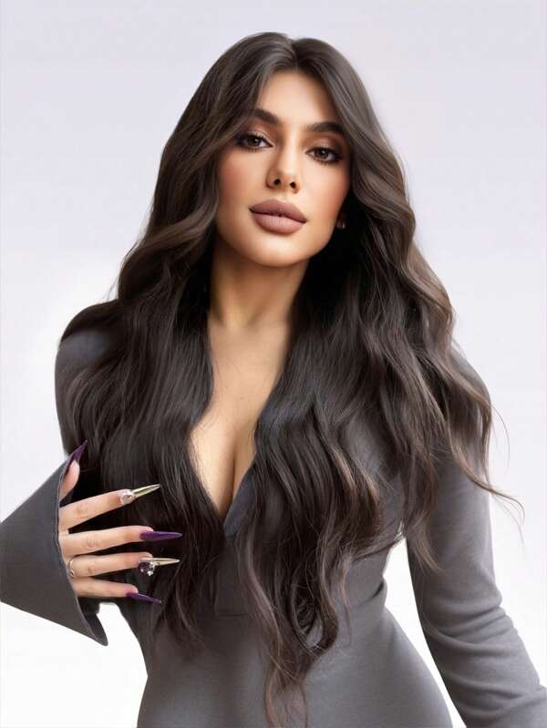 Forehead Lace 4*1,1-Piece Hand-Woven Synthetic Lace T-Part Wig In Ash Black Oak, 28 Inches, Natural And Realistic Long Curly Hair With A Center Part.