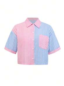 Women Patchwork Color Stripe Loose Casual Short Sleeve Shirt Blouse