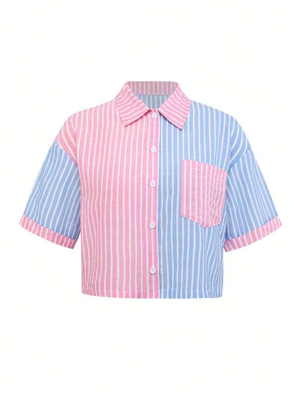 Women Patchwork Color Stripe Loose Casual Short Sleeve Shirt Blouse
