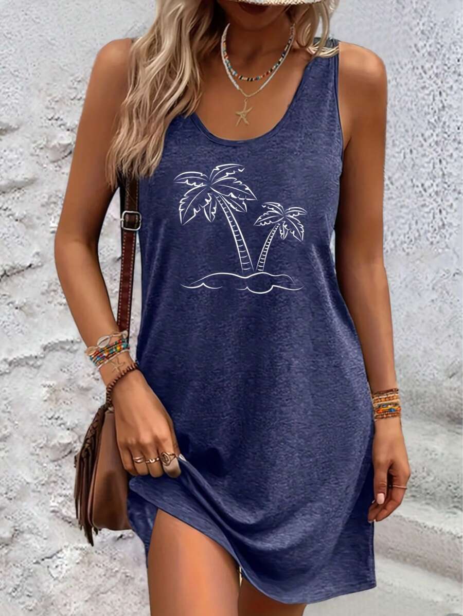 Vestido casual de oficina para ir al trabajo, con estampado minimalista de líneas y palmeras, moda francesa chic y refrescante, vestido deportivo para mujer, vestido de tirantes para volver al colegio