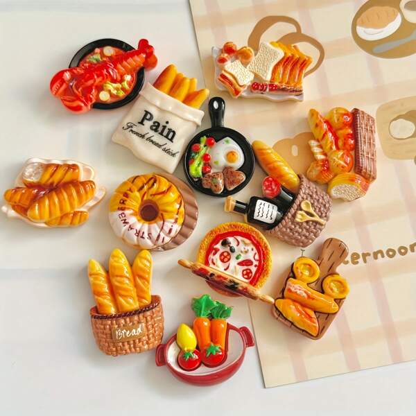 12 Pieces Of Delicious Food-Themed Fridge Magnets, Creative Decorative Magnetic Stickers For Kitchen, Home, Office And Whiteboard, Various Miniature Food Models Of Fake Bread, Pizza And Pastries For Fridge And DIY Handicrafts.