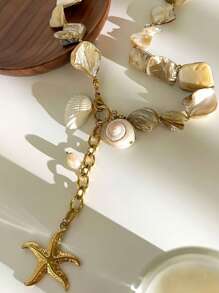 1pc Fashionable Asymmetrical Natural Shell Stainless Steel Starfish Pendant Necklace For Women