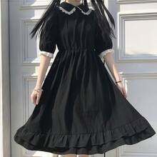 1pc Minimalist Soft Solid Color Loose Puff Sleeve Midi Lolita Dress, Suitable For Casual Daily Wear, Can Be Worn Alone Or Layered With Lolita Outerwear Halloween