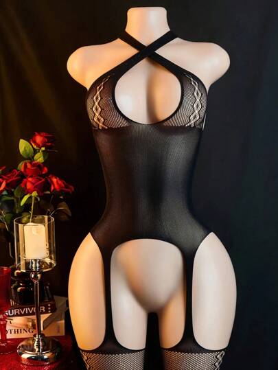 Verleidelijke Body Suit Short Sleeves, Semi Transparent Zwart Flower Pattern, Super Elastic Suit, Underwear, Rave Going Out view 3