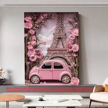1pc Framed Canvas Art - Eiffel Tower And Pink Float With Vintage Pink Cars And Cherry Blossoms, Great For Home, Office Or Kitchen Decor, Bedroom Decor | Paris Vintage Theme | Premium Craftsmanship - Made Of Canvas (Optional Frame)