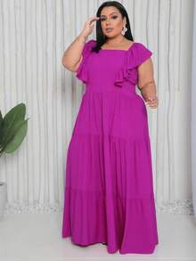 Plus Size Long Dress With Ruffle On The Shoulder - Rose Red - View 3