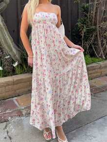 Women Strapless Tube Top Maxi Dress Y2k Backless Sleeveless Floral Print Tie Up Backless Bandeau Long Dresses Boho Flowy Beachwear - 粉色 - 查看 2