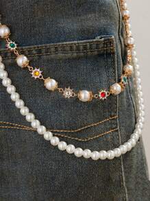 1pc Men's Double Layer Alloy Pants Chain, Faux Pearl & Rhinestone Floral Charm Chain, Suitable For Daily Wear And Parties