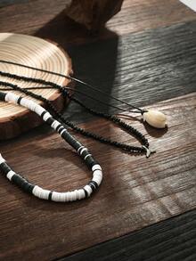 3pcs Minimalist Shell Pendant Necklace Set, Ceramic Beaded Necklace For Men, Daily Wear - Black and White - View 3
