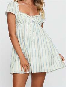 Women Summer Casual Short Dress Short Sleeve Solid Color/Stripe Print V-Neck Mini Dress - 杏色 - 查看 1