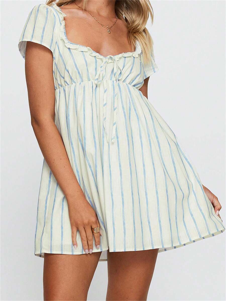 Women Summer Casual Short Dress Short Sleeve Solid Color/Stripe Print V-Neck Mini Dress - 杏色 - 查看 1