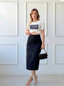 WOMEN'S SUEDE SKIRT WITH ZIPPER AND POCKET. STYLE AND ELEGANCE. - Black - View 2