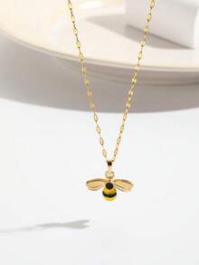 1pc Gold Bee Shaped Pendant Necklace, Versatile For Daily Wear - Multicolor - View 2