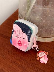 配套型号 1 件趣味波浪边大鼻孔女孩蓝牙耳机盒带吊坠，兼容 Apple 1/2/3/4、Pro/Pro2，卡通趣味图案浮雕无线蓝牙耳机盒，防尘防震防刮保护套 - 彩色 - 查看 11