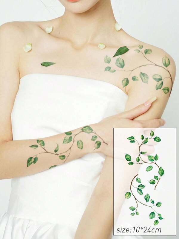 STARTTOOS Fresh Green Leaf Vine Pattern Tattoo Sticker For Women, Fake Tattoo Sticker For Daily Parties, Holiday Dress Up, Big Flower Arms, Chest, Abdomen, Back, Body, Temporary Tattoo Sticker, 1 Pack