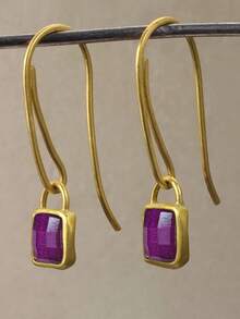 2 件矩形紫色宝石耳环，金色金属材质，复古优雅风格，适合女士派对和日常佩戴