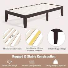 Cama de plataforma de madera de 14 pulgadas, base de colchón de estilo minimalista con madera de caucho sólida, soporte de listones de madera resistente, sin cabecera, fácil montaje, sin necesidad de caja de resortes, nogal - Café exprés - Ver 4