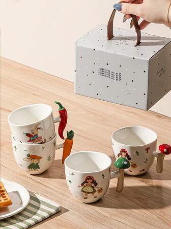 Tazas con asas de verduras creativas, tazas de cerámica con diseño de apretón de manos de dibujos animados lindos, elegantes tazas de leche/café para uso en el hogar y de vuelta a la escuela