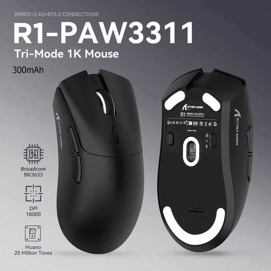 ATTACK SHARK R1 Wireless Gaming Mouse, 3-Mode Connection (2.4G/Wired/Bluetooth 5.2), 55g Lightweight Design, 18K DPI Optical Sensor, 20 Million Keystroke Lifespan, Ergonomic Design, Compatible With PC/Laptop/Windows System