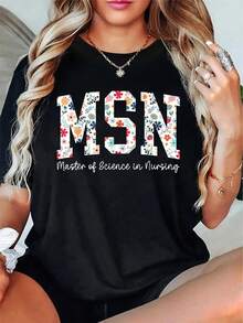 Floral Msn Master Of Science In Nursing MSN Nurse Groovy T-Shirt - 100% Cotton Short Sleeve, Summer & Spring Essential - Women's Clothing Printed Graphic Tee For T-Shirt Lovers - 黑色 - 查看 1