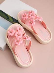 1 Pair Girls' PVC Floral Non-Slip Waterproof Peep Toe Flat Princess Style Beach Slippers, For Ages 2-8