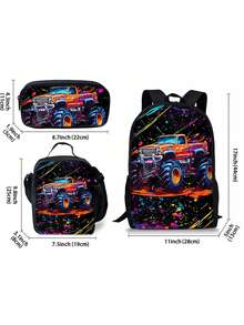 3pcs Set Cool Truck Backpack, Unisex, Lightweight Polyester, Adjustable Strap, Zipper Closure, Hand Wash, Personalized Style With Print Design - Black - View 2