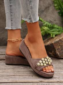 Women's Fashion Pearl Decor Wedge Slippers, Suitable For Wedding, Party, Vacation, Casual Wear, Thick Sole Sandals