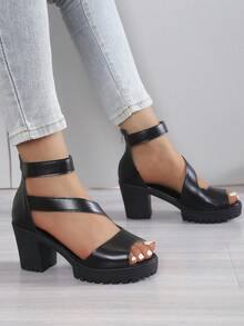 European & American Style Hollow-Out Black High Heel Sandals For Women, Chunky Heel, Back Zipper Design For Easy On/Off, Fashion & Comfortable Punk Peep-Toe Roman Sandals
